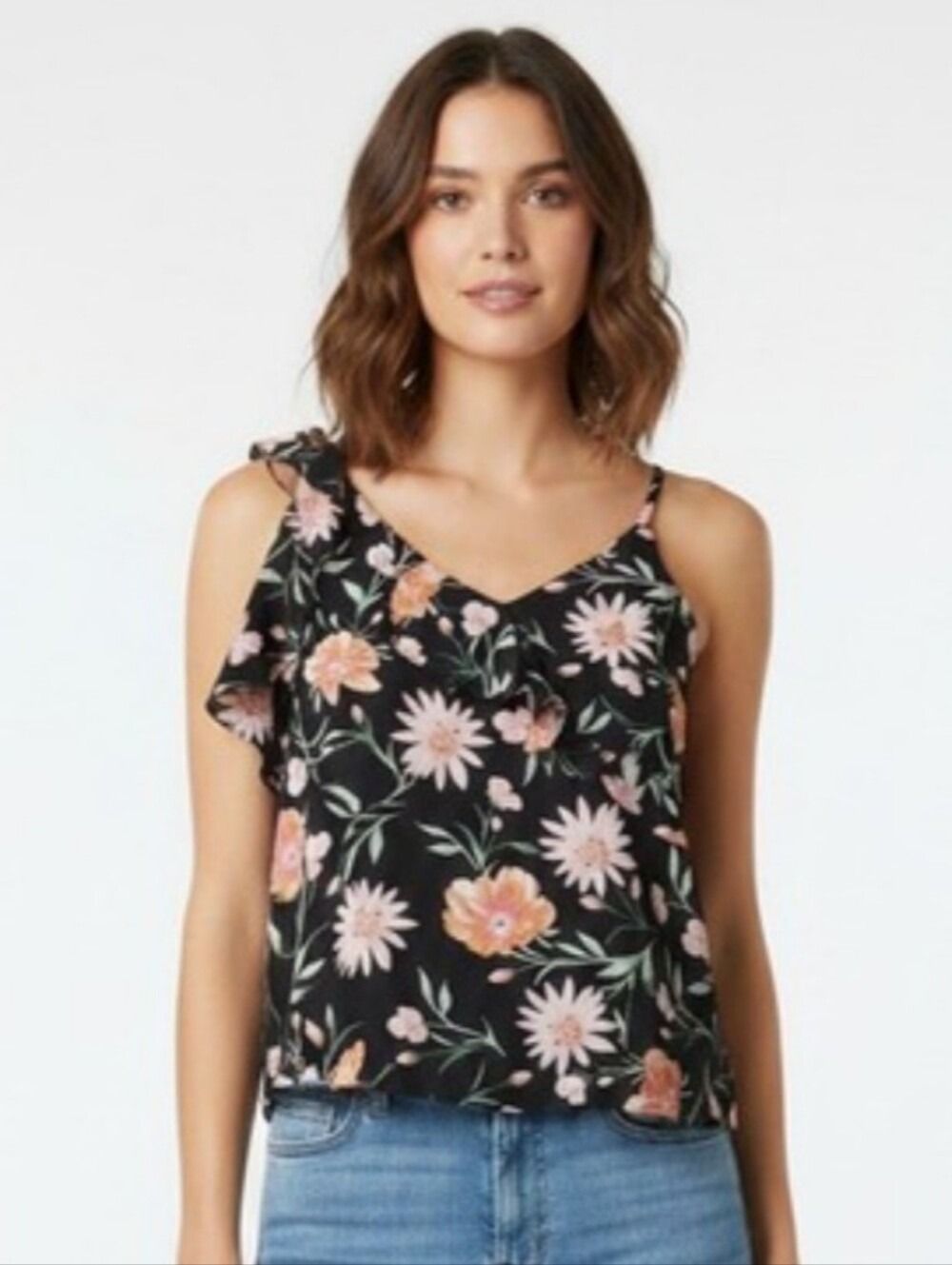 The General Good Floral Scoop Neck Ruffle Spaghetti Blouse - Black & Multicolor